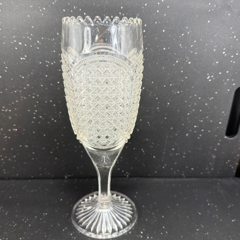 Indiana Austrian Glass Vase Antique Clear Pressed Glass Scalloped Rim 10 inch